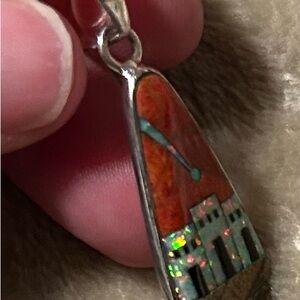 925 Santa Fe style spiny turquoise and eithiopian Opal teardrop pendant